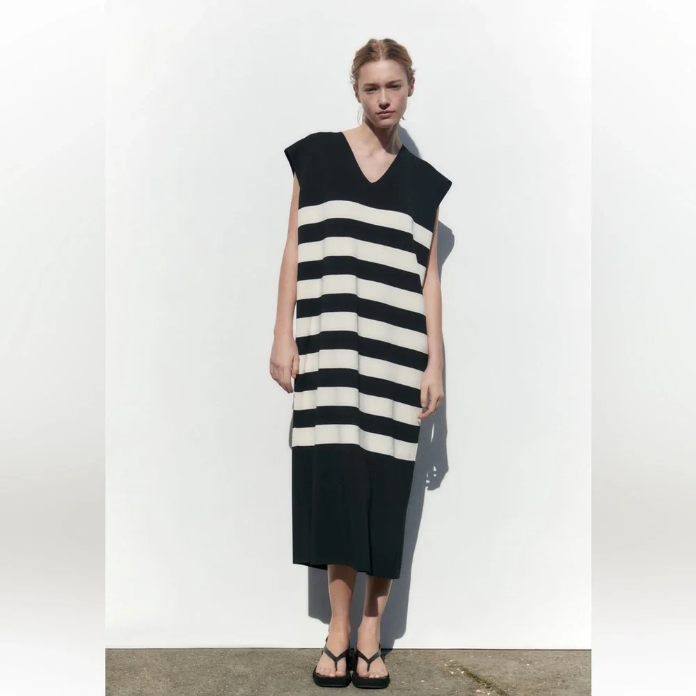 Zara STRIPED KNIT DRESS. Black/Ecru. Sizes S, M, L. New with Tags. - Picture 2 of 8